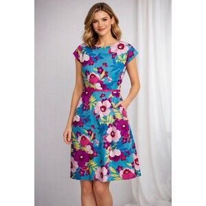 Sangria Floral Fit & Flare Dress Women’s Size 10 Blue Pink Tropical Cotton Stret